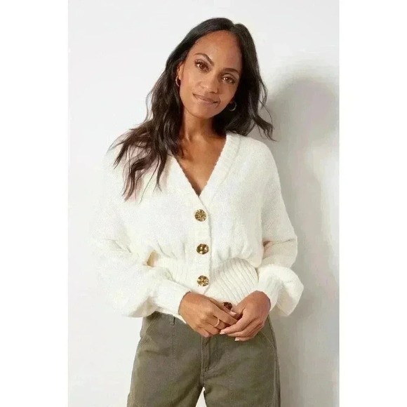 Farm Rio Off-White Bubble Knit Cardigan S Chunky Sweater Brown Buttons Crop NWT - Picture 8 of 8